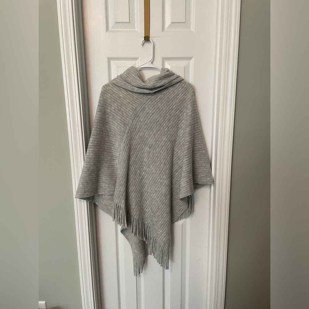 Chico’s Gray Cowl Neck Fringe Sweater Poncho - Picture 3 of 4